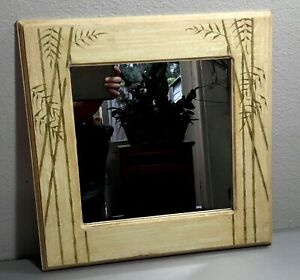 Vintage 80's Square Mirror Pressed Wood with Bamboo Motif 15" x 15" Boho Chic