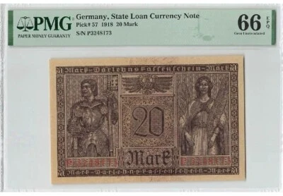 1918 Germany 20 Mark PMG66 EPQ GEM UNC 【P-57】@State Loan Currency Note@ - Image 1 of 2