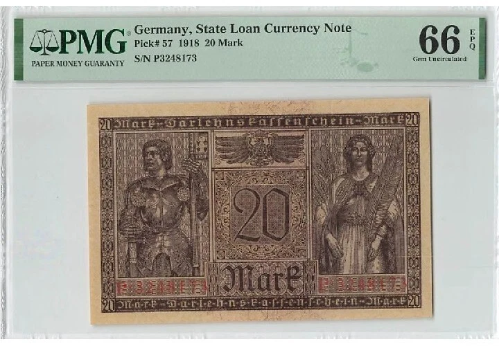 1918 Germany 20 Mark PMG66 EPQ GEM UNC 【P-57】@State Loan Currency Note@ - Image 1 of 2