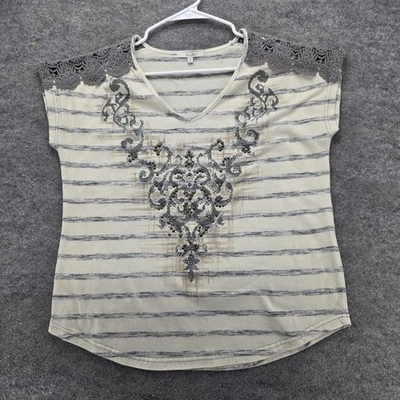 Miss Me Shirt Womens Medium Cream Gray Striped V Neck Lace Shoulders Embellished - Image 1 of 4