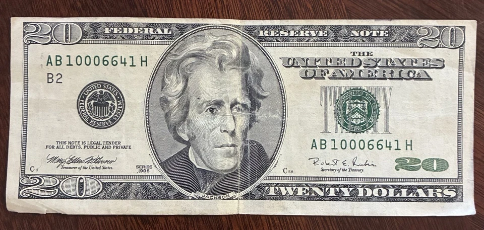 Error Miscut Misaligned Misprint US $20 Twenty Dollar Bill Banknote 1996 - Image 1 of 4