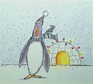  Art Greeting Card Christmas Winter Igloo Penguin Holidays Snow Ice
