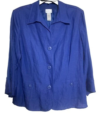 Emma James Linen Rayon Jacket Plus Size 18 Royal Blue Lined 3/4 Sleeves Pads Y2K - Image 1 of 4