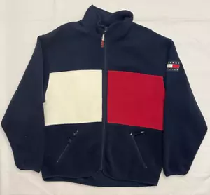 Vintage 90s Tommy Hilfiger Blue Red Big Flag Fleece Jacket Double Sided Mens L - Picture 1 of 15