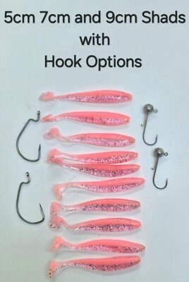 Pink x 10 Shad Paddle Tail Soft Lures 5cm 7cm 9cm  Hook Weedless or Jig Head - Image 1 of 4