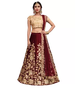 MIRRAW MAROON SEQUINS EMBROIDERED SEMI VELVET FABRIC LEHENGA CHOLI FOR BRIDE - Picture 1 of 6