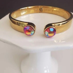 Kate Spade Gold Tone Hinged Cuff with Cherry Red Aurora Borealis Stones - Picture 1 of 7