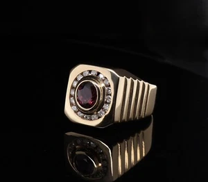 A Gentlemen’s 14K Gold Ruby & Diamond Set Mens Flat Top Ring sz N Val $5570 - Picture 1 of 5