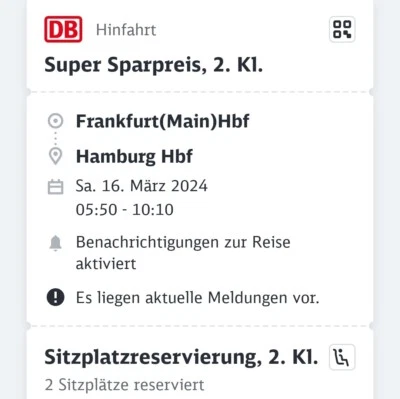 Bahn Tickets Frankfurt - Hamburg Bzw. Hamburg - Frankfurt - Bild 1 von 2