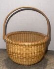 Vintage Round Small Nantucket Basket with Wooden Swing Handle Signed “B”