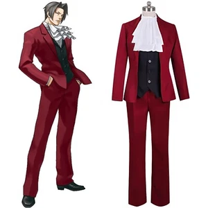 IN STOCK Ace Attorney Miles Edgeworth Cosplay Costume Anime Red Suit Outfit - Picture 1 of 4