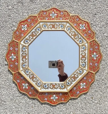Octagonal Floral Reverse Painted Glass Wall Mounted Mirror Made in Peru 17" - Image 1 of 4
