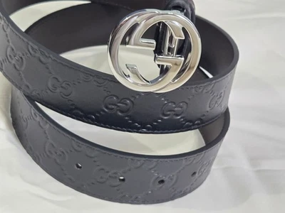 Auténtico Cinturón Reversible GUCCI Cuero Negro/Marrón Plateado GG Talla 30-32 - Imagen 1 de 4