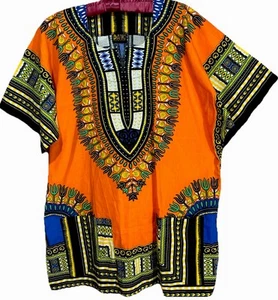 Dashiki Shirt L Orange Cotton Colorful Tribal Pattern Ethnic Boho Hippy Festival - Picture 1 of 6