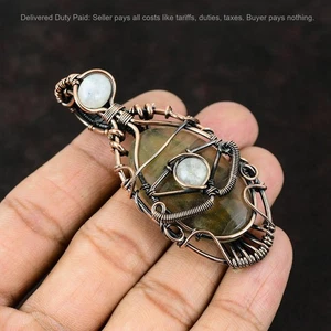 Copper Multi Fluorite Gemstone Rainbow Moonstone Wire Wrapped Evil Eye Pendant - Picture 1 of 7