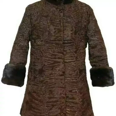 Casaco de pele de cordeiro persa marrom feminino punhos de gola de pele de vison todos os tamanhos pré-venda - Imagem 1 de 3
