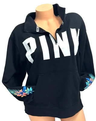 CHAQUETA JERSEY VICTORIA'S SECRET ROSA LOGO NEGRO FLORAL CUARTO CREMALLERA PEQUEÑA NUEVA Foto 1 de 4