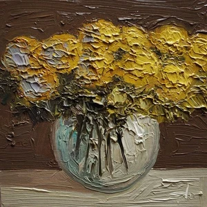 YELLOW FLOWERS OIL PAINTING VIVEK MANDALIA 8X8 COLLECTIBLE SIGNED IMPRESSIONISM - Picture 1 of 6