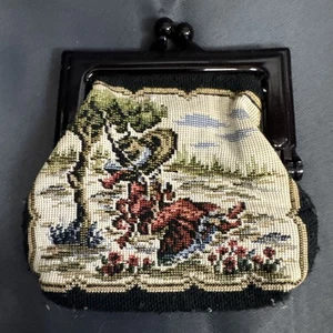 Vintage - Coin Purse-  Embroidered Tapestry - Kiss Lock - Swinging Lady & Floral - Picture 1 of 7