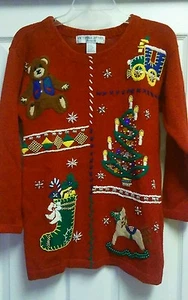 Ugly Christmas Sweater VICTORIA JONES Petite Small RED Teddy Bear XMAS STOCKING - Picture 1 of 12