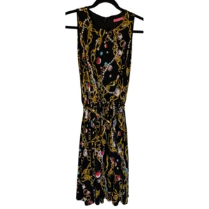 Isaac Mizrahi Sleeveless Dress Women's Size 12 Black Jewel Print Slinky Belt 90s - Picture 1 of 7