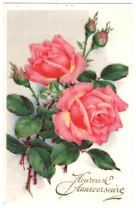 Rosa Rosen Blumen Floral Vintage Postkarte 1964 Französische Litho - Bild 1 von 2
