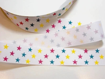 Pink Yellow Teal Stars Grosgrain Ribbon 1 1/2 inches wide x 10 yards White B41 - Image 1 of 4