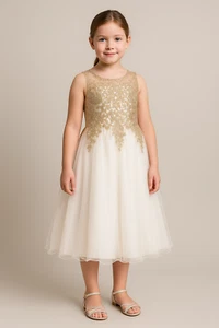 Encantador vestido con cuentas marfil/dorado para niñas - Perfecto para ocasiones formales - Imagen 1 de 3