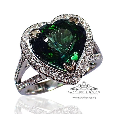 Кольцо на заказ с натуральным турмалином и бриллиантом GIA 18 карат 5,57 карата зеленой огранки в форме сердца - Изображение 1 из 4