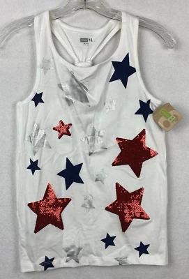 Crazy 8 Meninas Extra Grande (14) Branco 4 de Julho Regata Lantejoulas Estrelas Top Navalha Traseira Vermelho Azul - Imagem 1 de 4