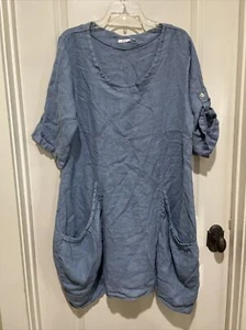 Kaktus Coastal Blue Linen Lagenlook S/S Pockets Tunic Shift Dress Womens Large - Picture 1 of 5
