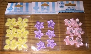 Lot Of 3 Offray Ribbon Accent 5 Petal Flower & Gems Purple Yellow Pink Scrapbook - Picture 1 of 5