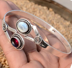 Rainbow Moonstone & Garnet Gemstone 925 Sterling Silver Handmade Bracelet Cuff - Picture 1 of 6