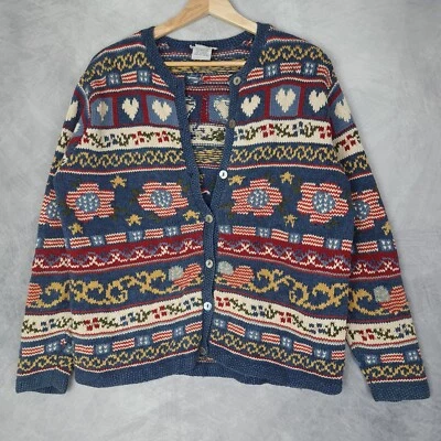 Talbots Hand Knit Cardigan Sweater Womens Medium Hearts Flag Flower Patriotic - Image 1 of 4
