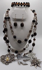 Luxurious Brown Silvertone Leaves Jewelry Lot Necklaces Bracelet Earrings - Picture 1 of 6