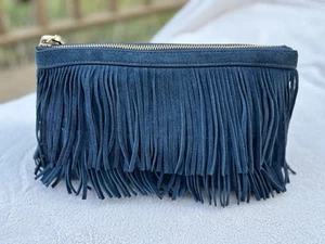 India Hicks Fringed Dark Teal Blue Suede Clutch w/Tassel - Picture 1 of 8