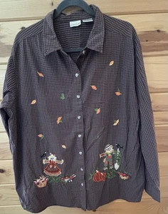 Bobbie Brooks Women’s Autumn Blouse Sz 22/24W Apple Picking Scarecrow Halloween - Picture 1 of 8