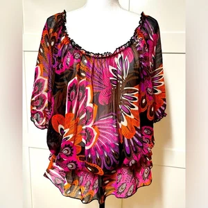 Pure Energy sz L Womens Flowy Pheasant Shirt Top Blouse Sheer Grannycore Floral - Picture 1 of 5