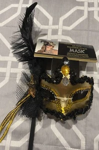 Glitzy Feather Sequin Beaded Mardi Gras Masquerade Black & Gold Mask on a Stick - Picture 1 of 6