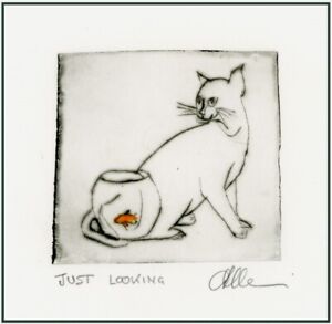 CAT LOOKING AT GOLDFISH BOWL Original  ETCHING Signed Limited-Edition