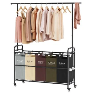 Laundry Sorter Cart With Hanging Rack 5 Section Laundry Hamper 246l 65 Gal. La - Picture 1 of 8