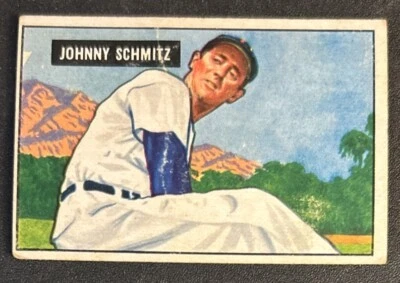1951 Bowman Johnny Schmitz Baseball Card #69 Cubs Pitcher Poor Creased O/C - Image 1 of 2