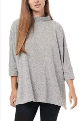 Denim & Co. Comfort Zone Plush Knit Mock Neck Poncho Lt Heather Gray Oversize XL - Image 1 of 4