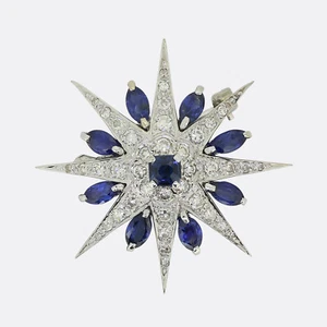 Vintage Sapphire and Diamond Star Brooch - 18ct White Gold - Picture 1 of 3