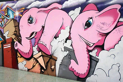 Framed canvas street art - elephants - pink - graffiti wall décor - (28"x20") - Image 1 of 4