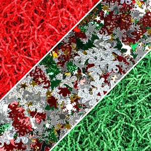450g/1LB Christmas Raffia Paper Red Green Shred with Xmas Confetti Sprinkle f... - Picture 1 of 8