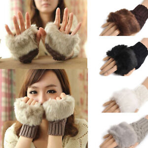 Womens Girls Faux Fur Fluffy Fingerless Winter Wrist Arm Knitted Mitten Gloves