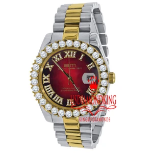 18K 2 Tone Gold Solid Steel Red Dial Simulated Diamond Presidential Mens Watch - Picture 1 of 8