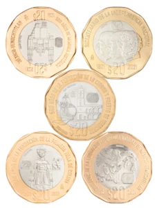 Set 5 pezzi monete Messico 20 pesos bimetallici FDC UNC - Foto 1 di 2
