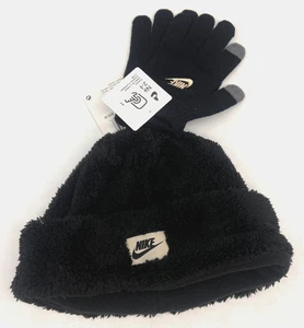 Nike 2-Piece Set Unisex Youth Black Furry Beanie and Touchscreen Gloves - Picture 1 of 14